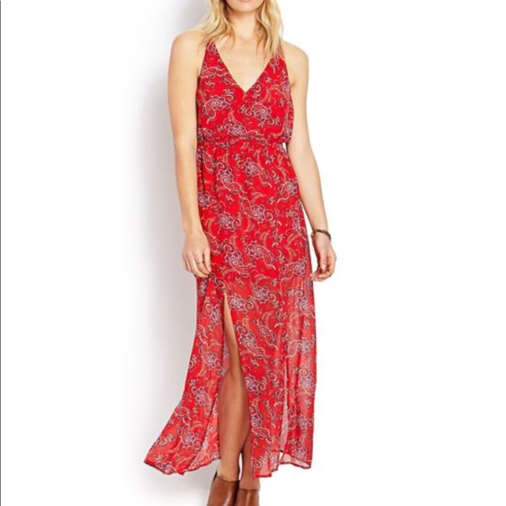 NWT Red Blue White Paisley Print Crisscross Back Maxi Dress Americana S